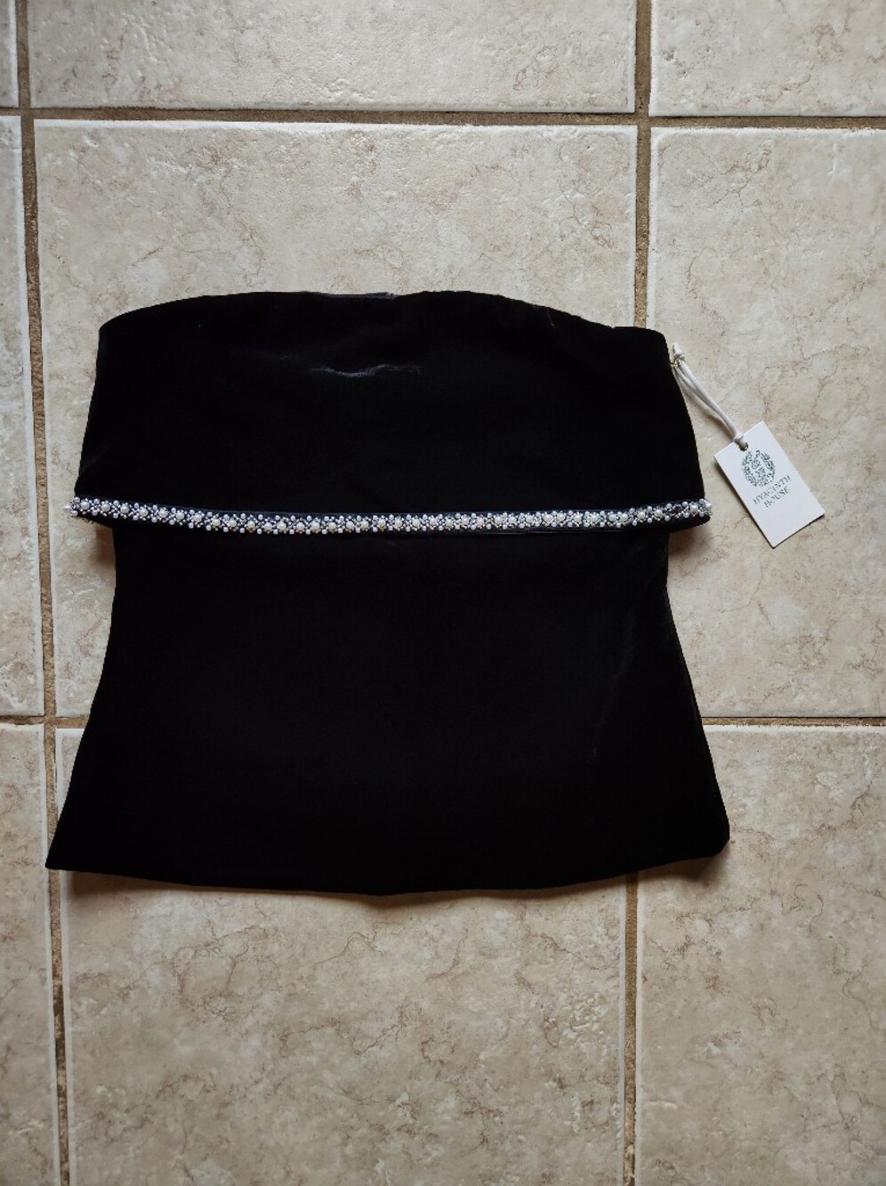 NWT Hyacinth House Valerie Black Velvet Pearl Trim Strapless Tube Top M
